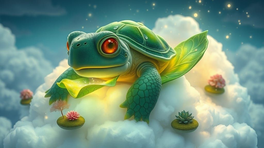 Emerald Turtle Chews Celestial Salad in Whimsical Wonder