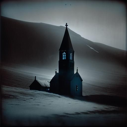 Icelandic Church in Duotone Lith Print Style