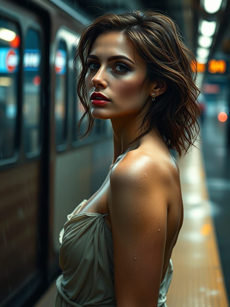 Rainy Train Platform: Hyperrealistic Woman in Silk Slip