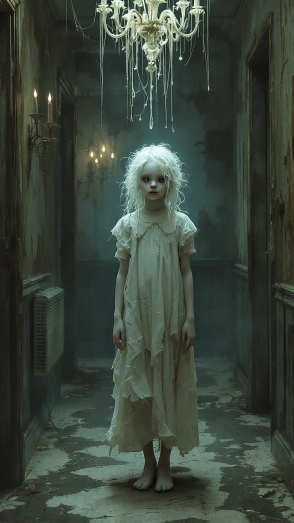 Ethereal Child in a Haunted Hallway