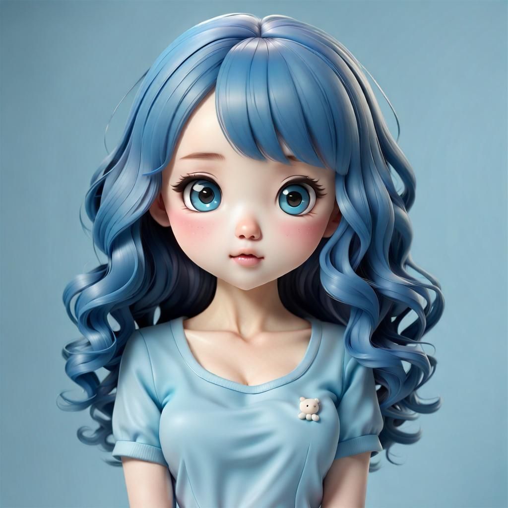 Cute 3D Character with Big Head and Wavy Hair
