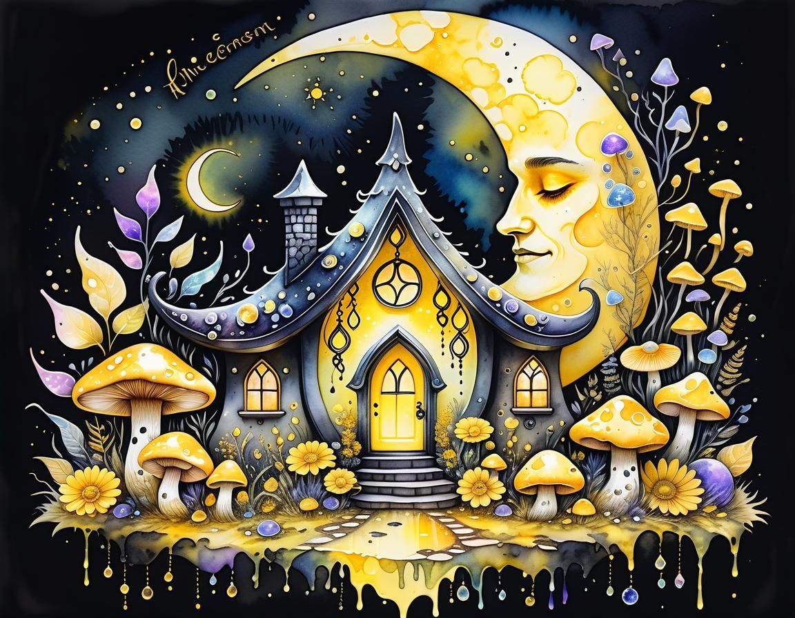 Yellow Pagan Home with Crescent Moon, Watercolour Art