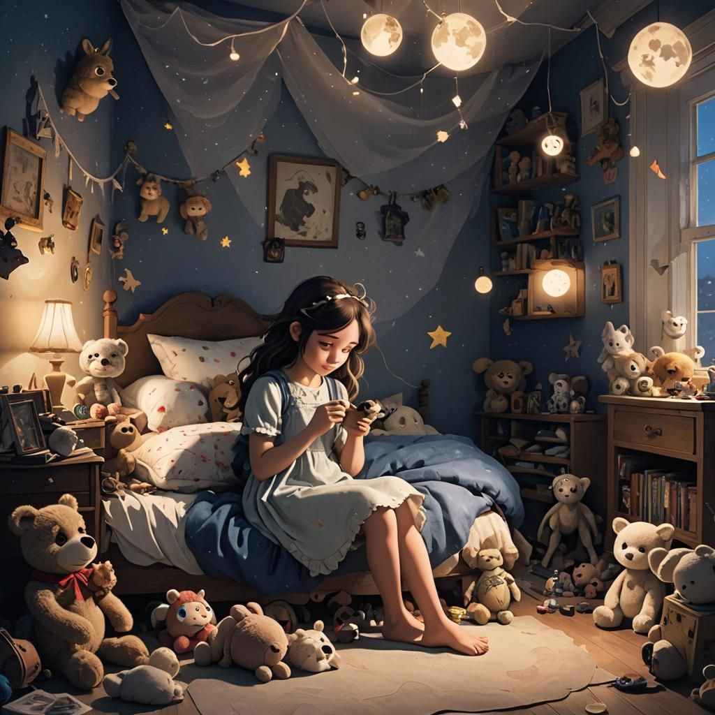 Ethereal Girl in Moonlit Bedroom, Surrealist Style