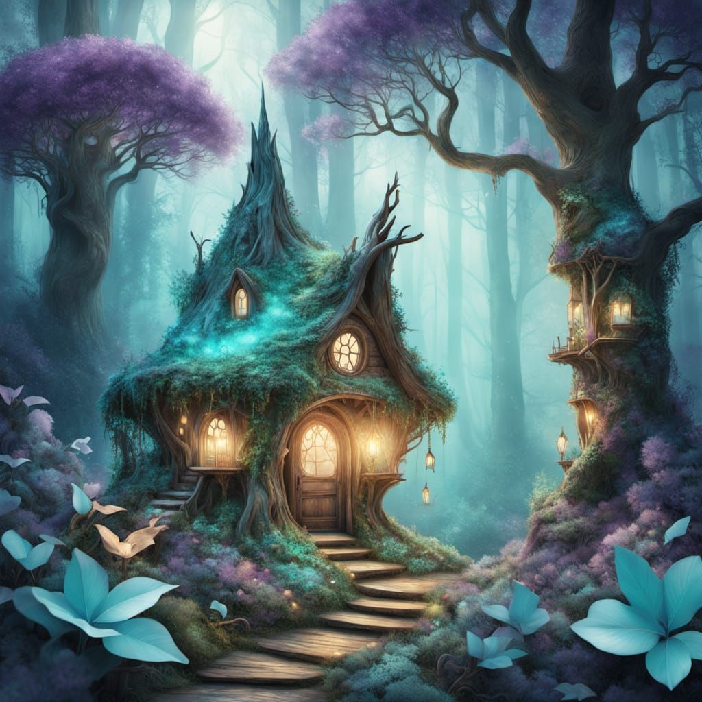 Whimsical Treehouse in a Lush Forest Glows with Ethereal Lig...