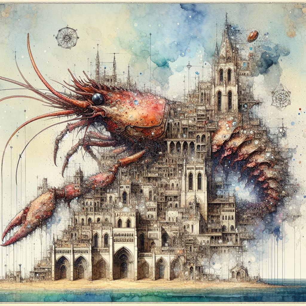 Whimsical Watercolor Lobster Sails Over Medieval Metropolis