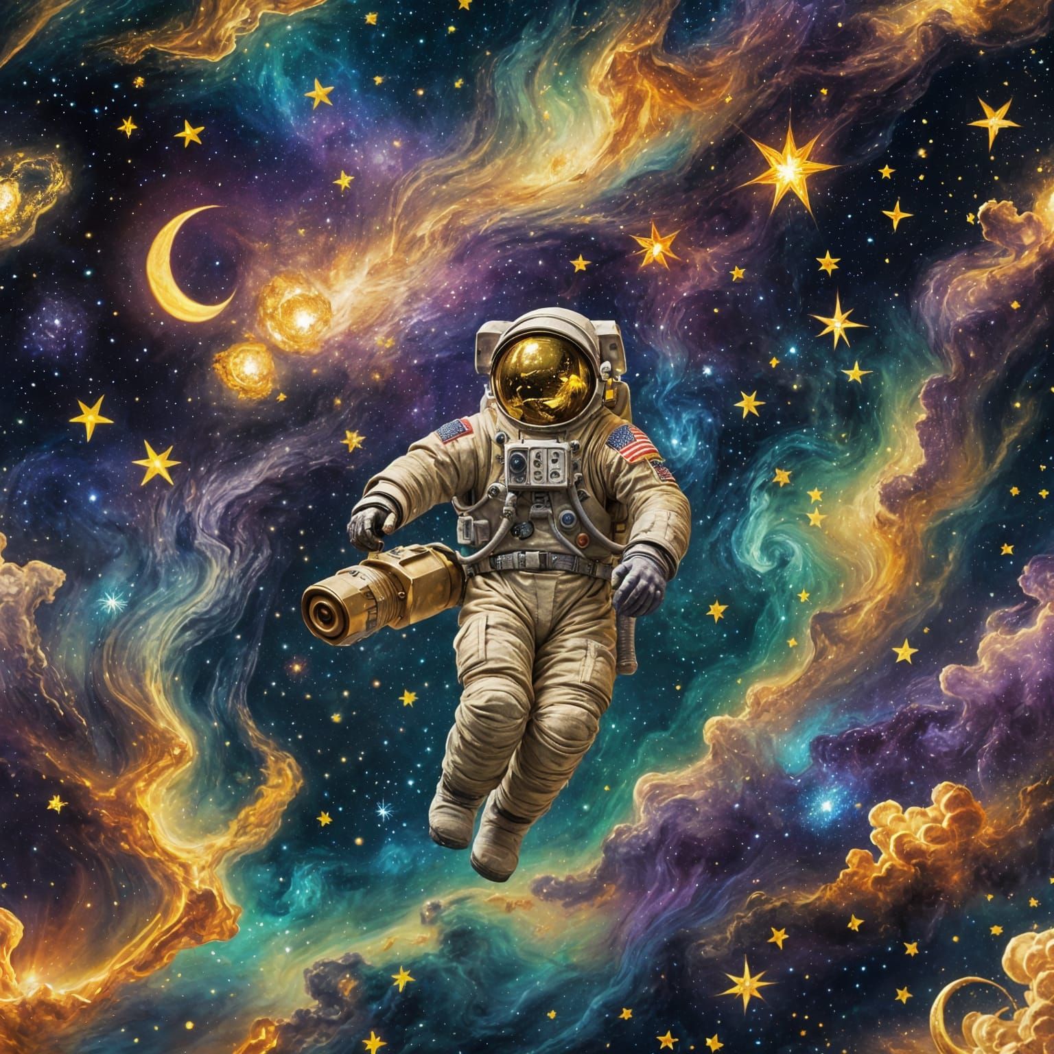 Golden Astronaut in Starry Night Sky: Van Gogh Style