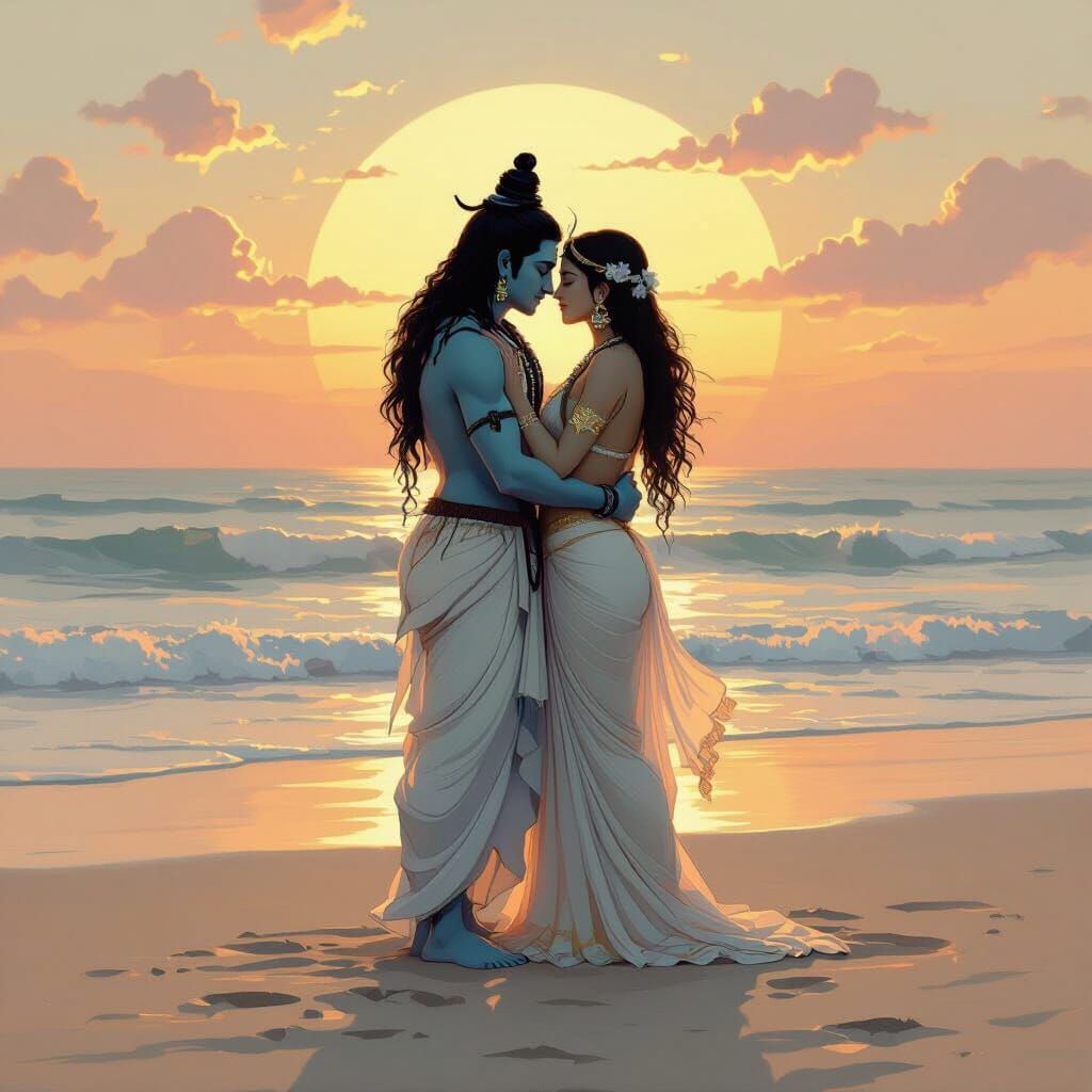 Lord Shiva and Parvati Embrace on Serene Beach at Sunset