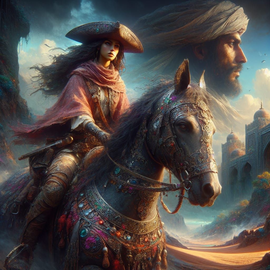 Explorer and Companion in Arabian Landscape, Digital Art