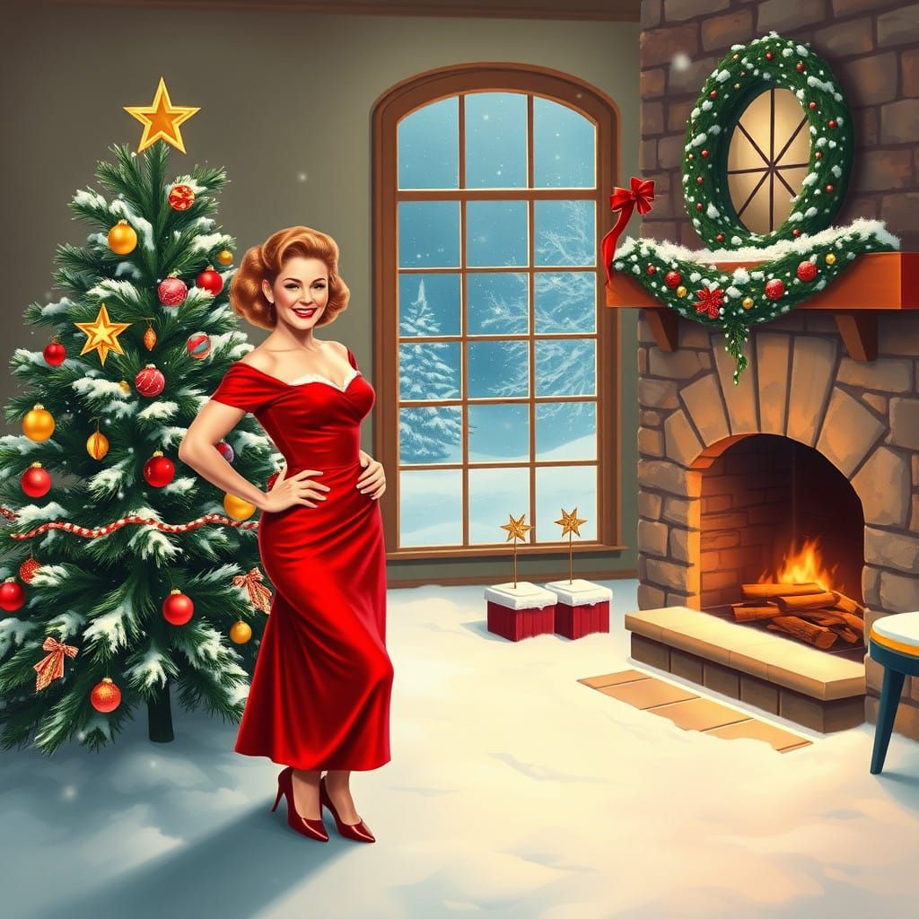 Vibrant 1950s Pin-Up Girl Surrounded by Festive Christmas De...