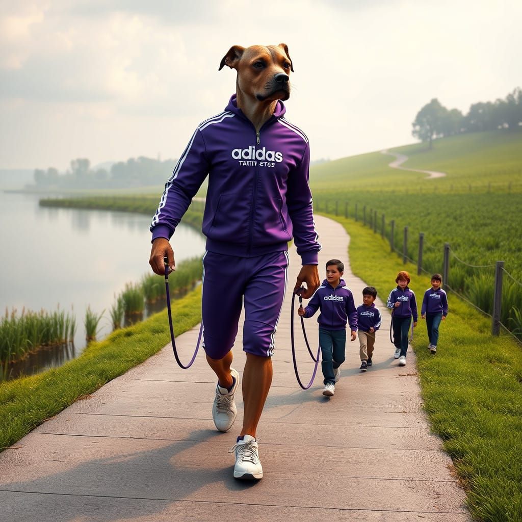 Anthropomorphic Canine Leads Miniature Humans on Scenic Path...