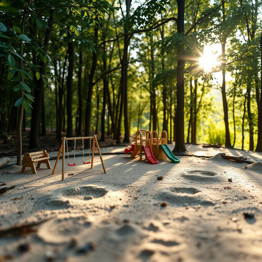Realistic Miniature Sand Playground in Sun-Dappled Forest