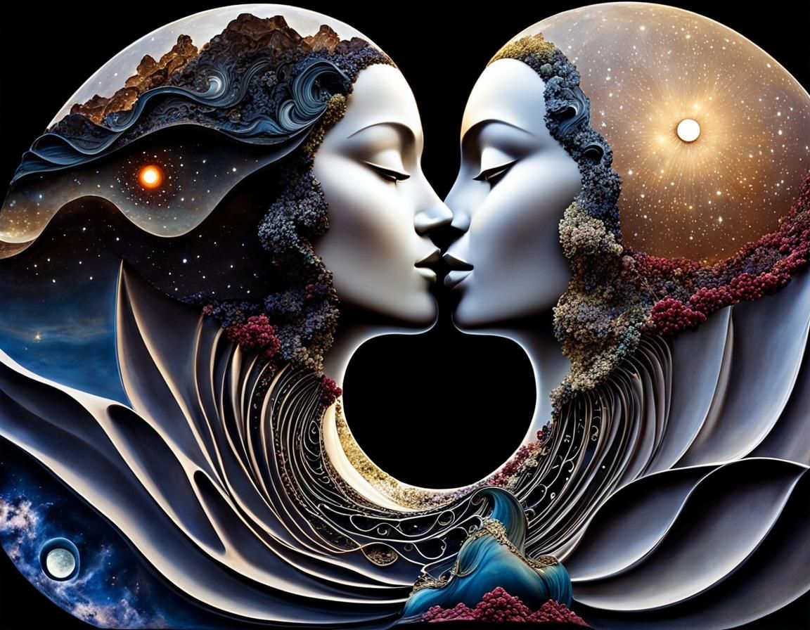 Abstract Kiss: Encaustic Painting of Strangers in Moonlight