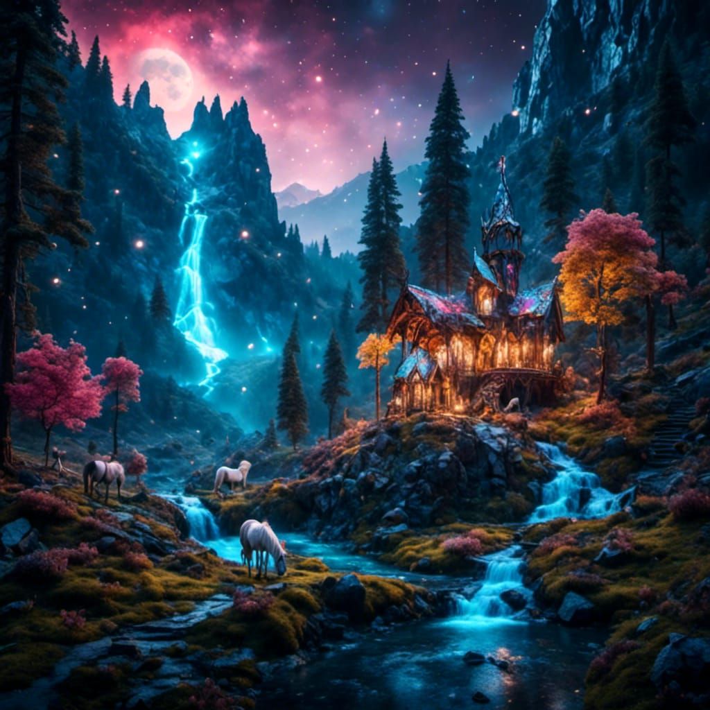 Rainbow Waterfall in Magical Hyperrealistic Forest