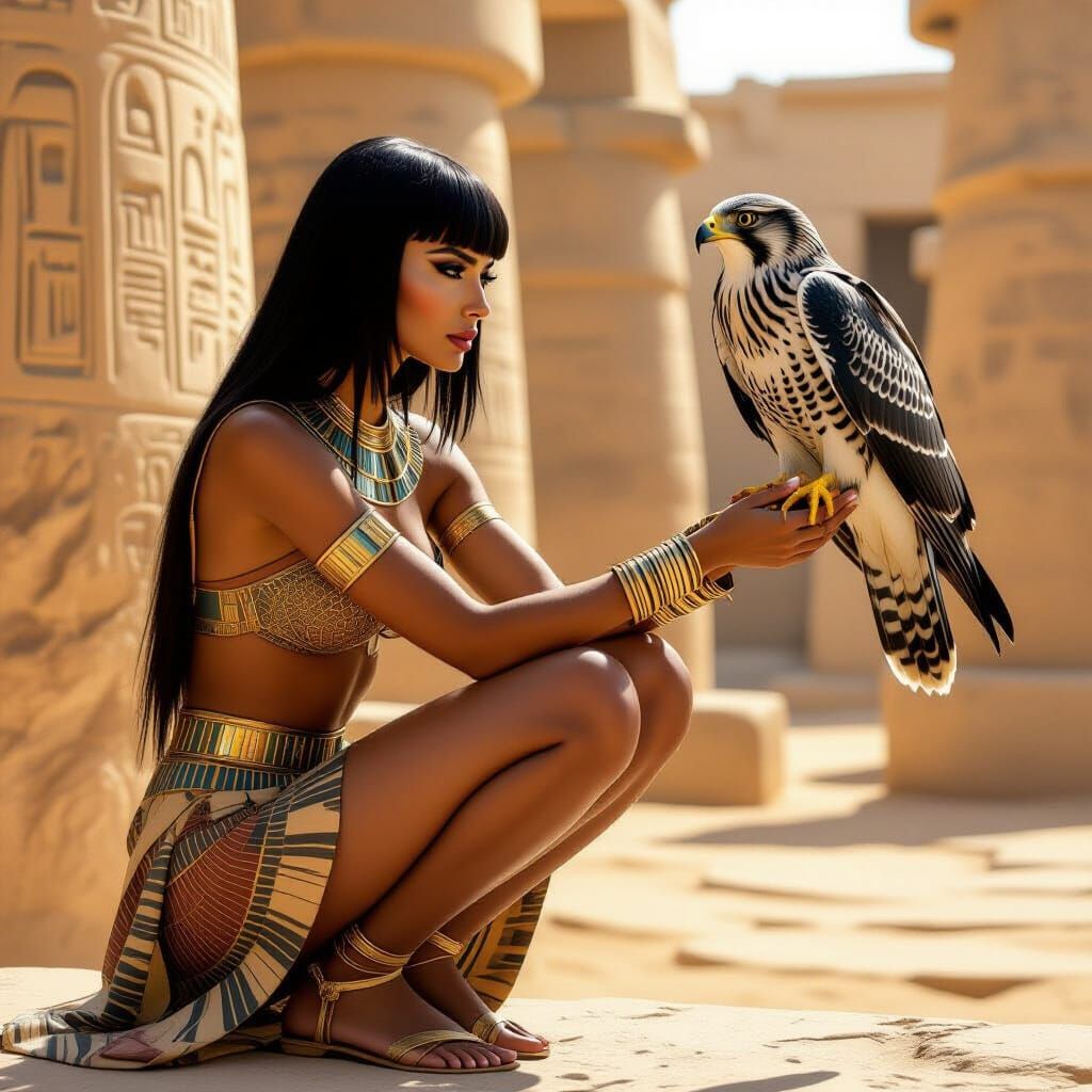 Egyptian Woman with Hawk in Photorealistic Style
