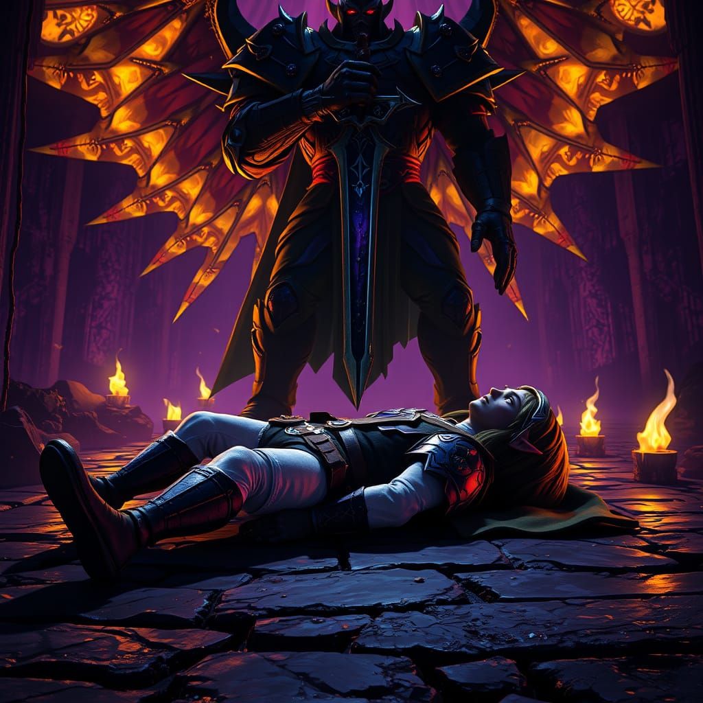 Dark Fantasy Battle Scene in Cyberpunk Style