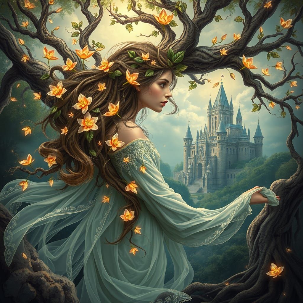 Surreal Woman and Fairytale Tree in Dreamscape