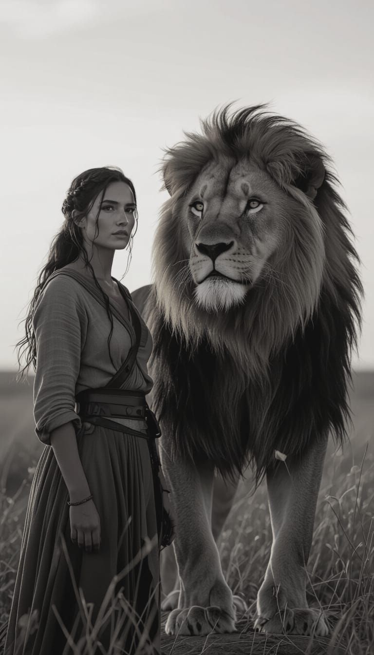 Night Bonfire: Woman Guided by Lion, Cinematic Still