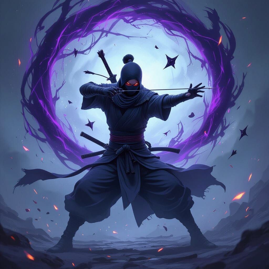Ninja Master Catches Arrow Amidst Shadow Magic and Runes