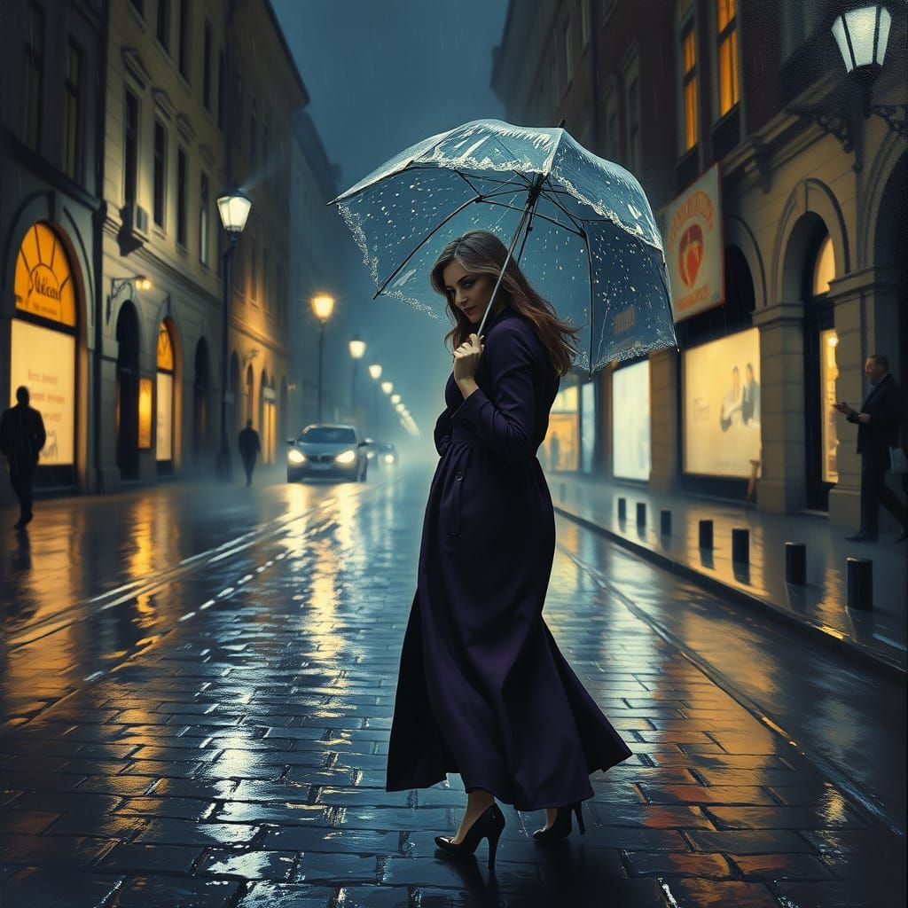 Sarajevo Rainy Night Stroll in Oil Painting Style