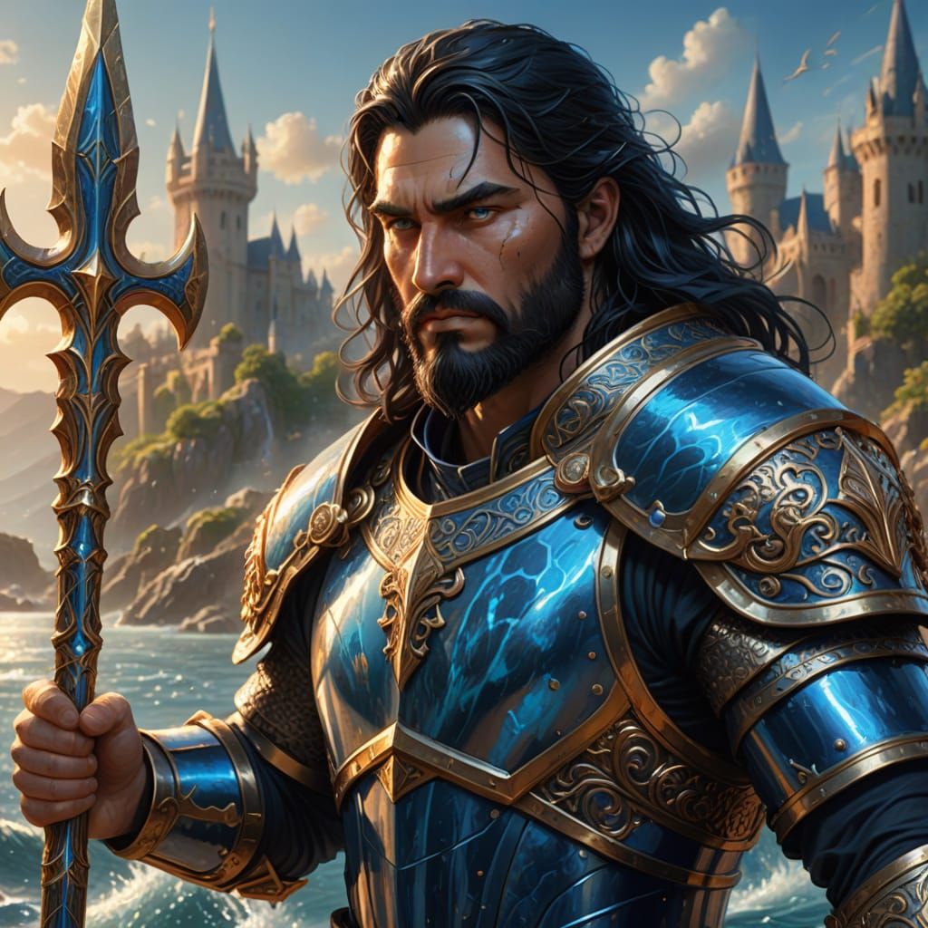 Godly Man in Blue Armor with Trident