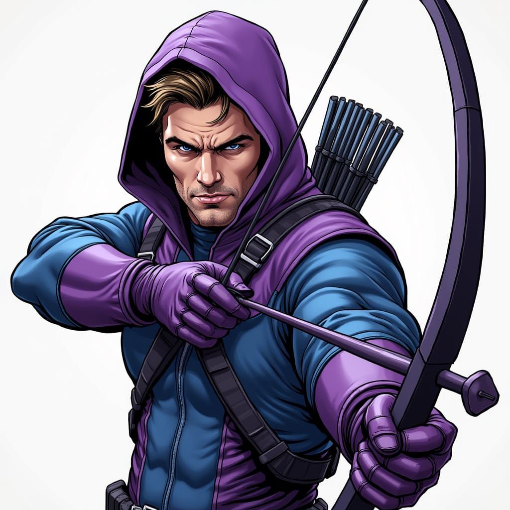 Hawkeye in Iconic Purple and Blue Outfit