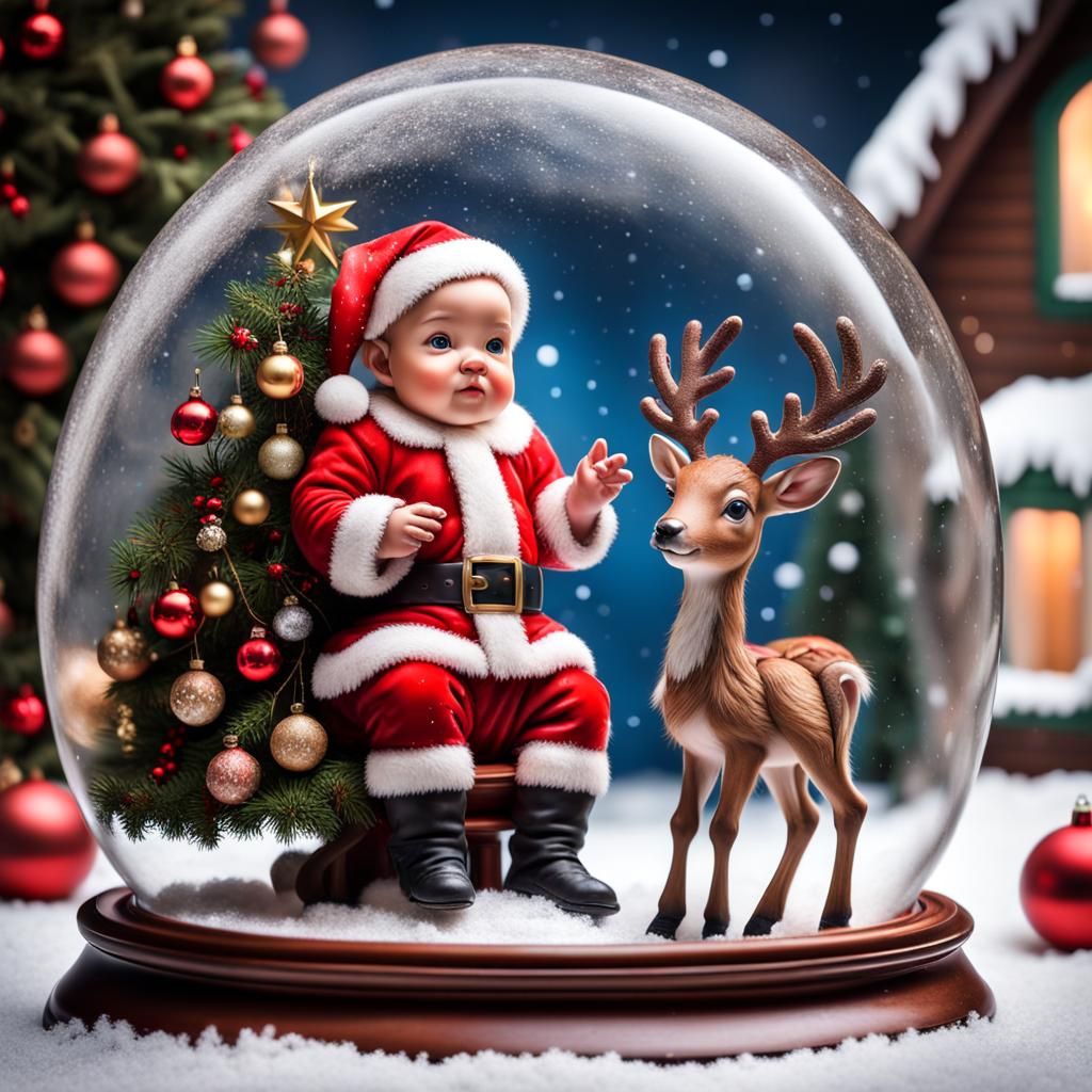 Baby Santa and Reindeer in Magical Snow Globe