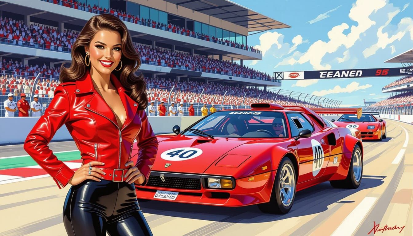 Pinup Model Poses with Classic Lancia Race Car