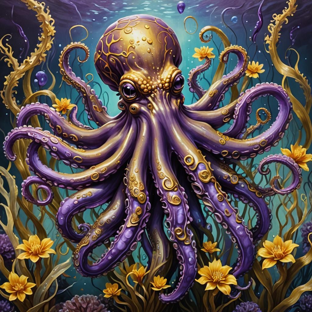 Bioluminescent Octopus with Gold Tentacles, Detailed Oil Pai...