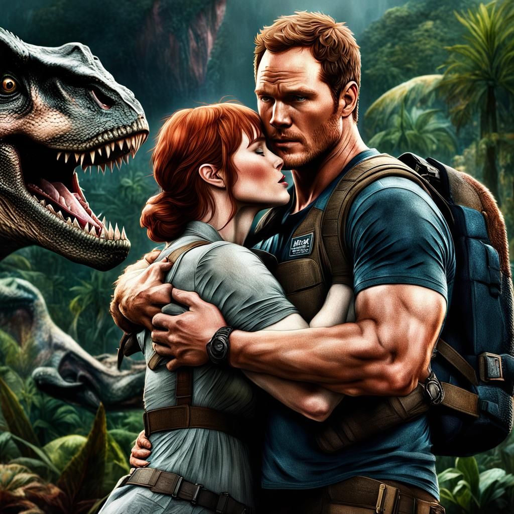 Romantic Jurassic World Movie Poster in Hyperrealistic Style
