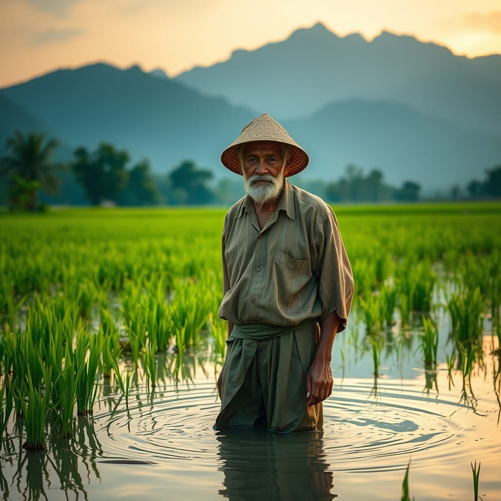 Serene Vietnamese Rice Farmer in Golden Dawn Light