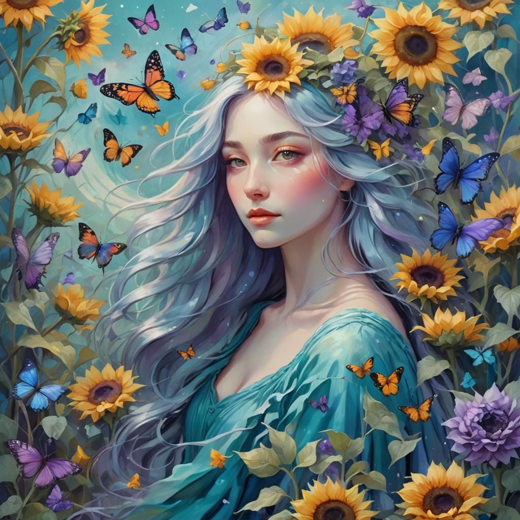 Ethereal Woman with Flowers, in Impressionist Style