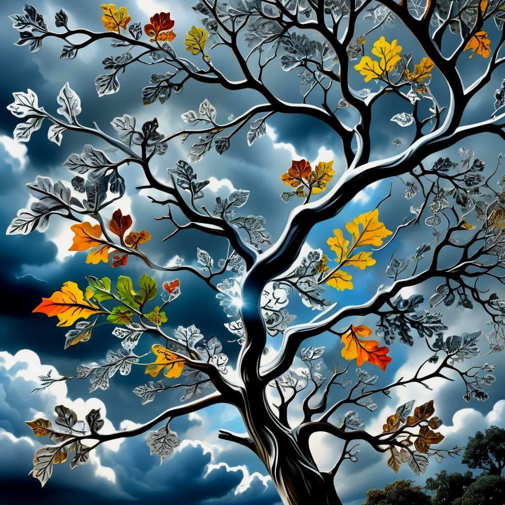 Intricate Silver Metallic Sculpture in Windy Garden