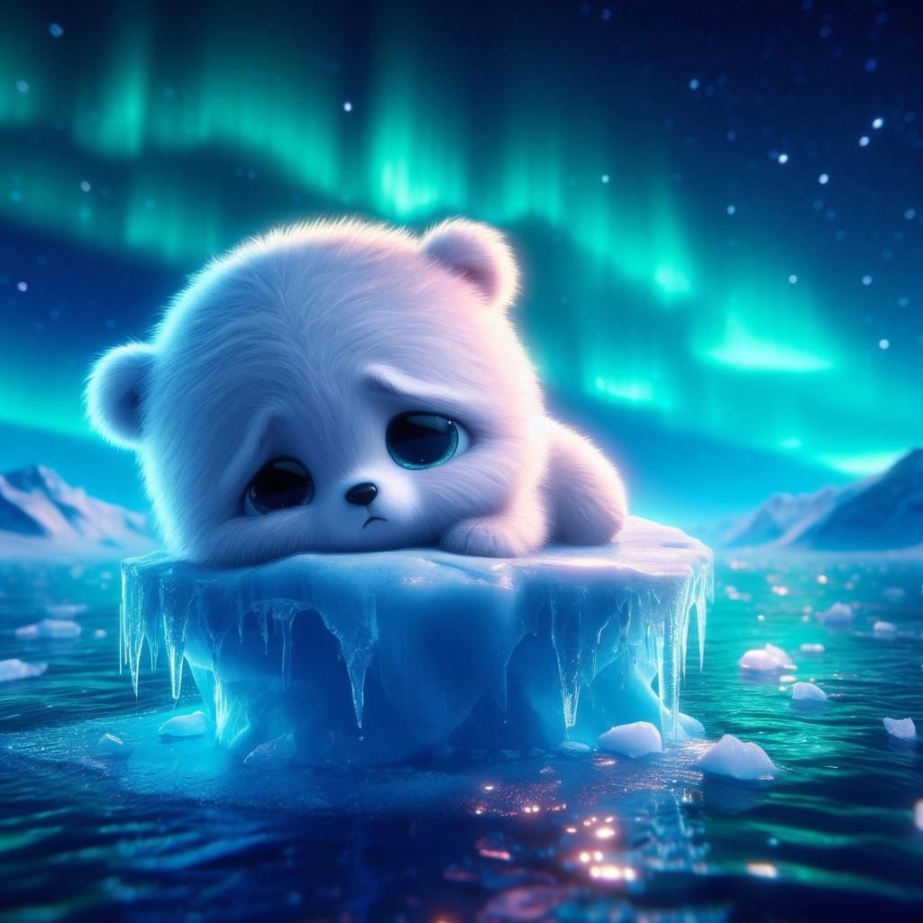 Sad Polar Bear Cub Under Aurora Borealis