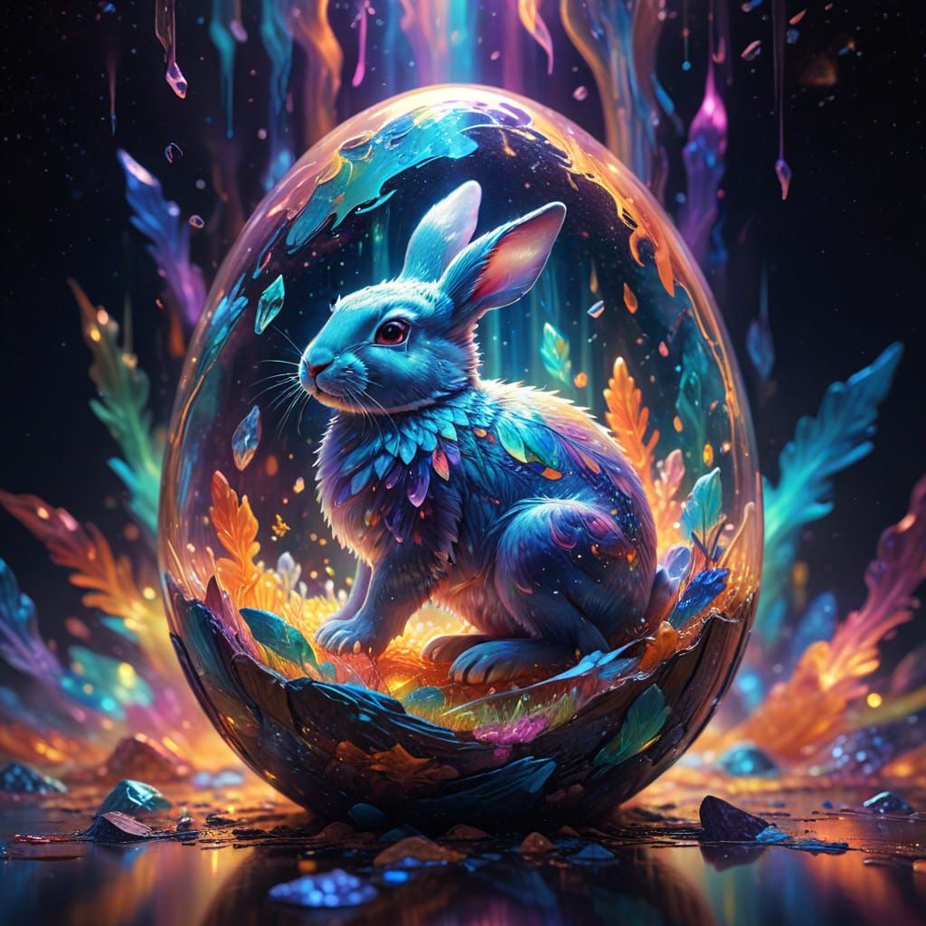 Ethereal Cosmic Egg with Glowing Rabbit in Holographic Astra...