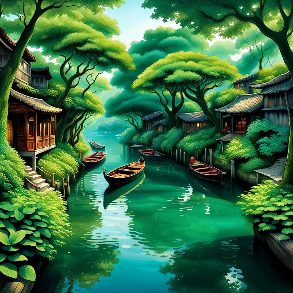 Lush Green Waterway with Dreamlike Architecture