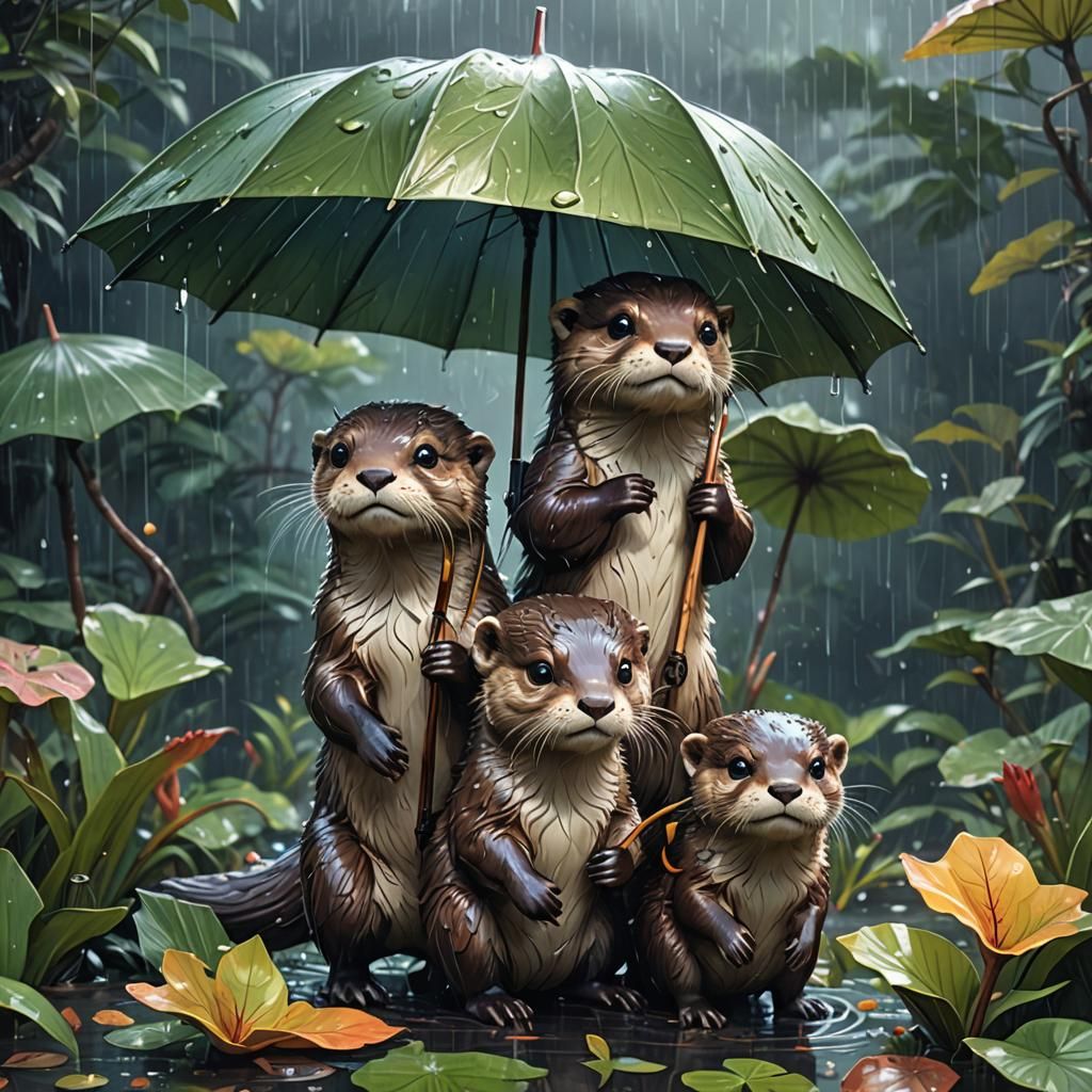 Otters Under Leaf Umbrella: Japanese Art Photo