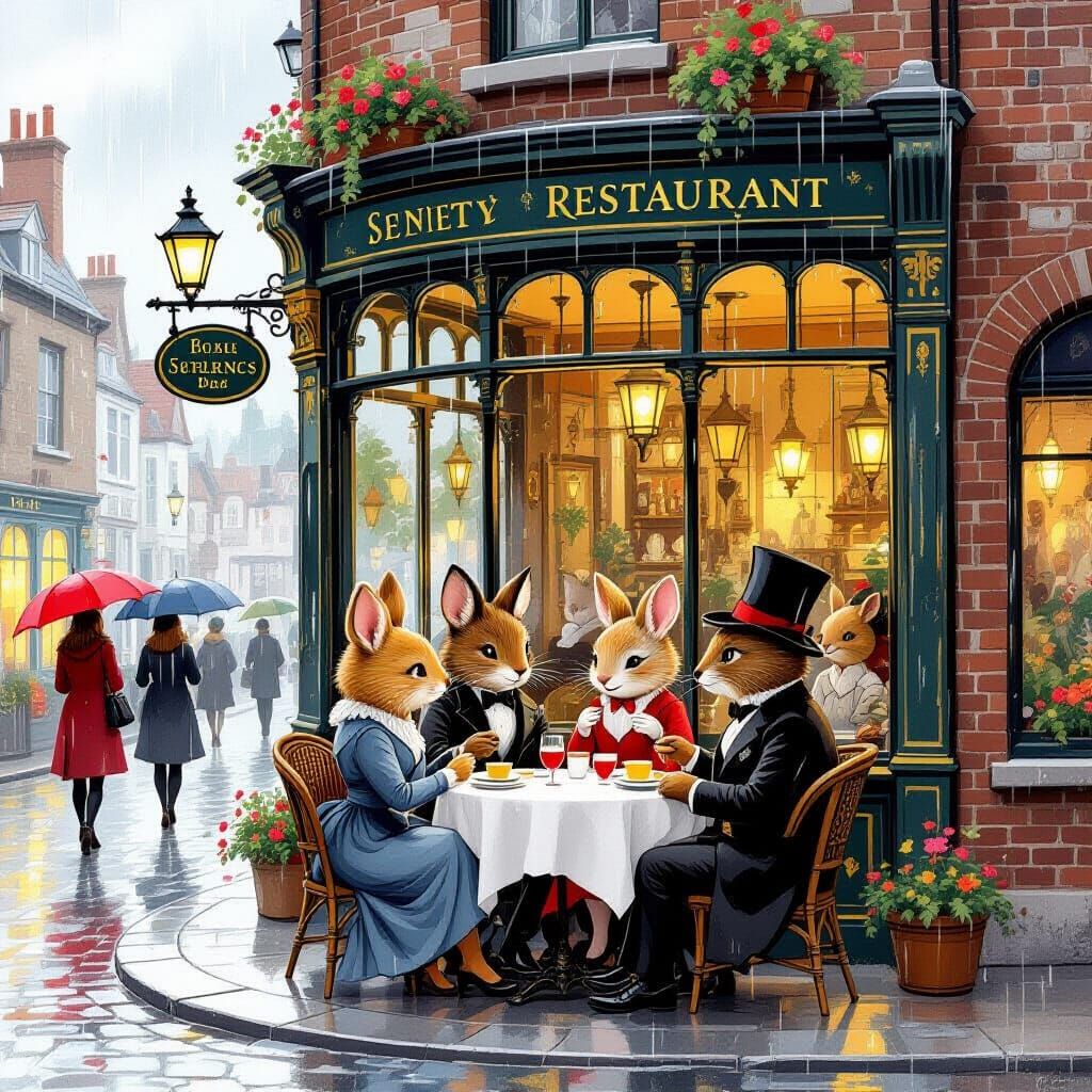 Animals Enjoy Lunch in Upscale Restaurant on Rainy Day