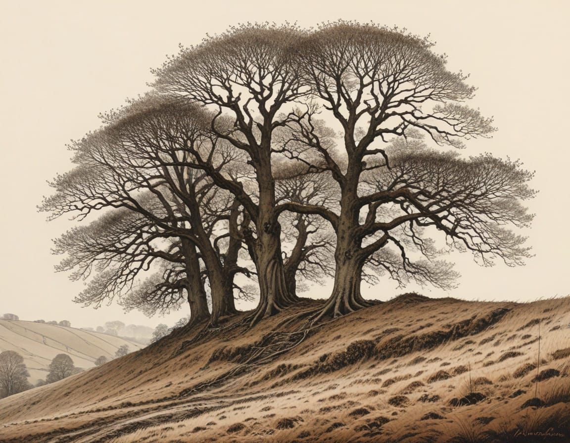 Majestic Hillside Beech Trees in Earthy Tones, as Intricate ...