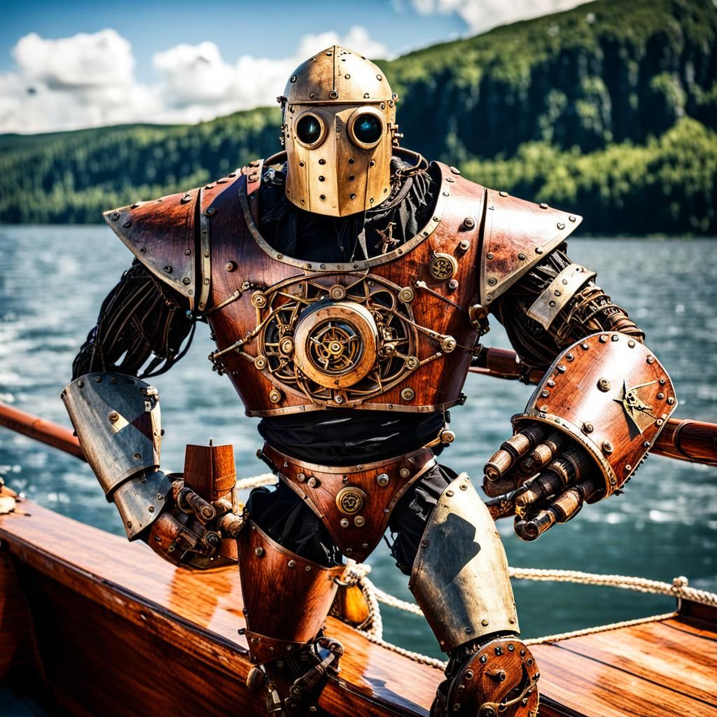 Steampunk Wooden Golem on a Boat with Shield