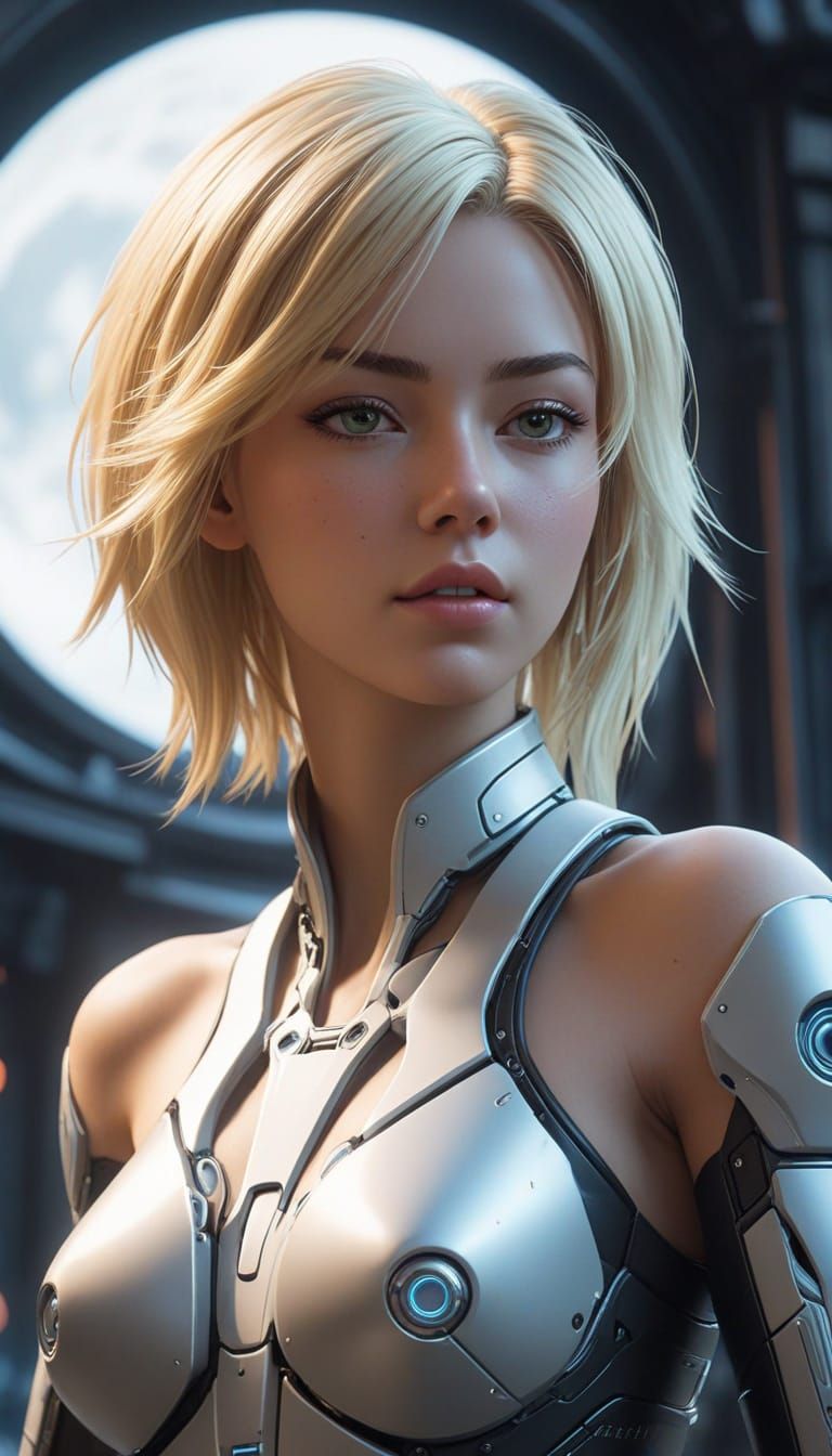 Cyberpunk Anime Woman With Cybernetic Arm and Neon City