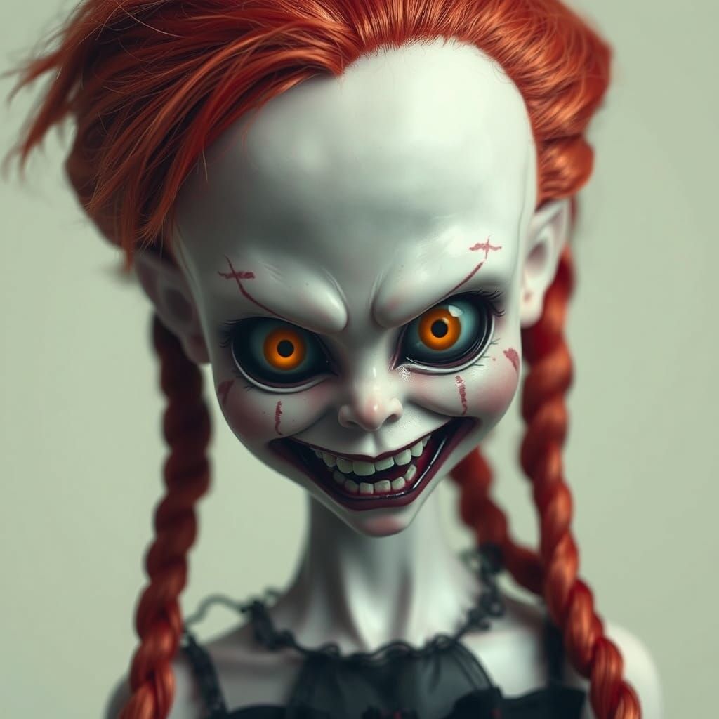 Eerie Doll with Fiery Red Hair in Gothic Horror Style