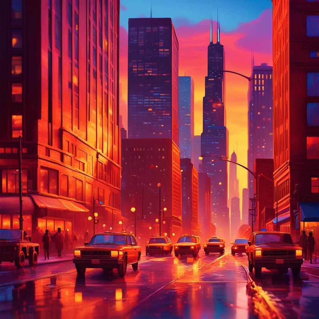 Chicago Cityscape at Dusk in Fauvist Style