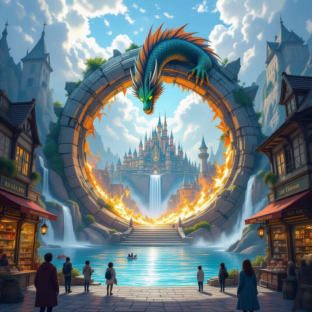 Magical Stone Portal With Dragon, Multi-Level Fantasy Kingdo...