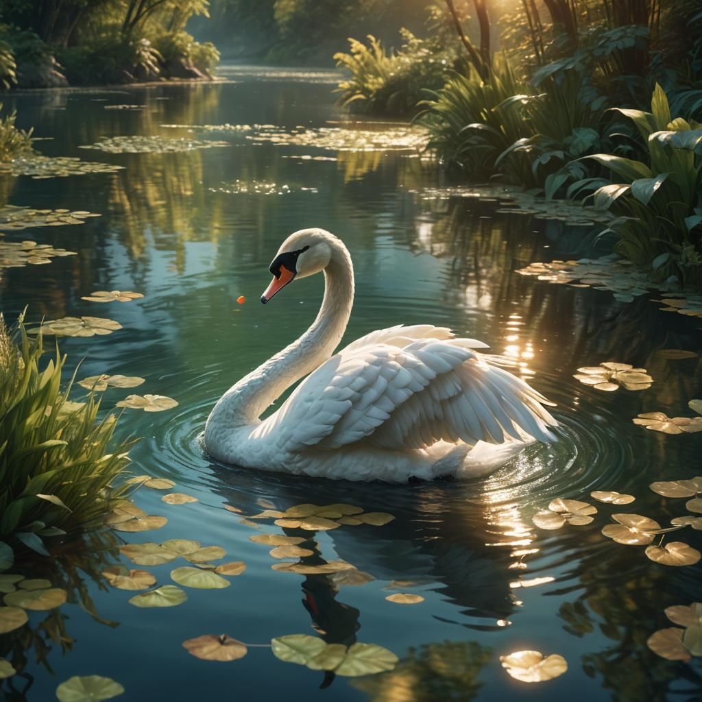 Golden Swan Glides on River: Fantasy Art