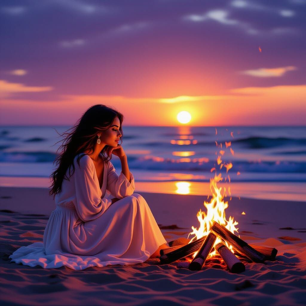 Woman Contemplates Bonfire at Sunset: Digital Painting