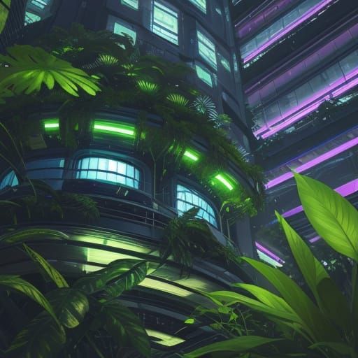 Lush Plants Hidden in Neon Future Cityscape