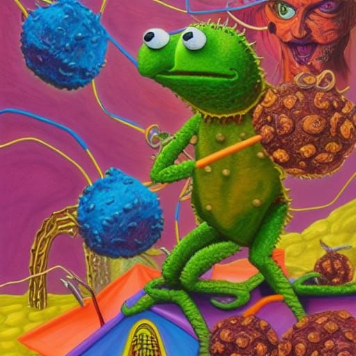 Surreal Clash: Meatwad, Muppets, and Hellraiser in Gouache