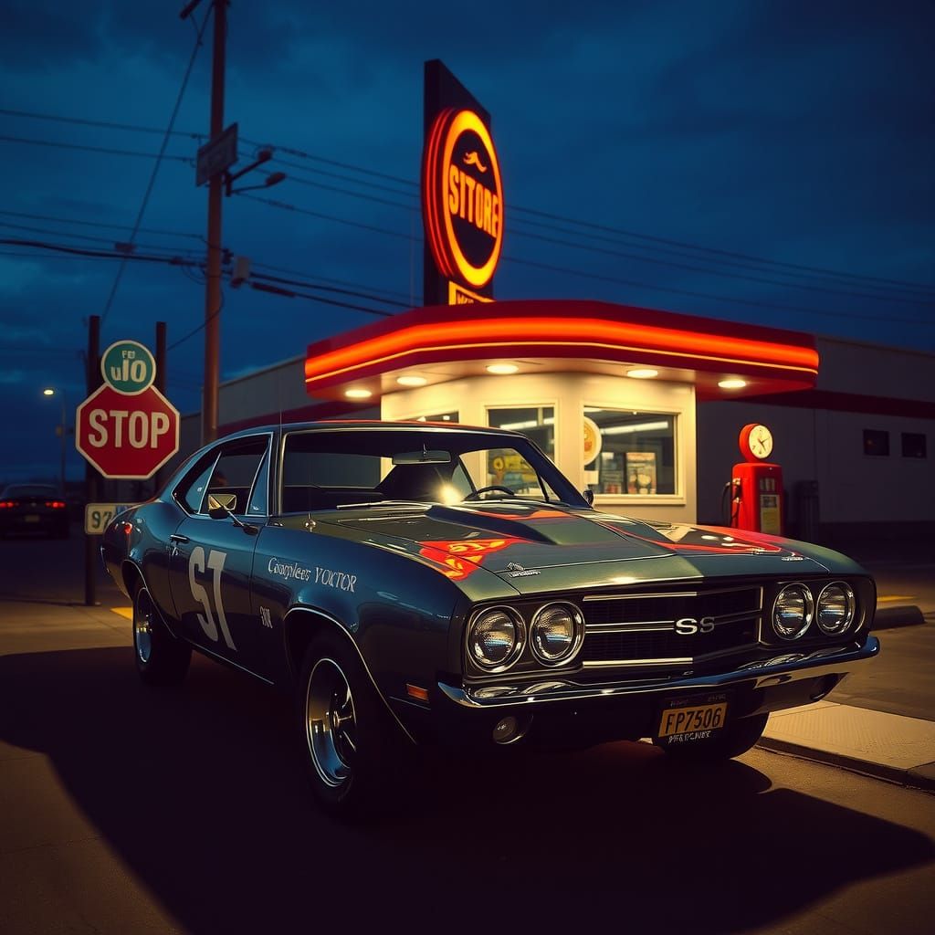 Vintage Muscle Car at Classic Gas Station