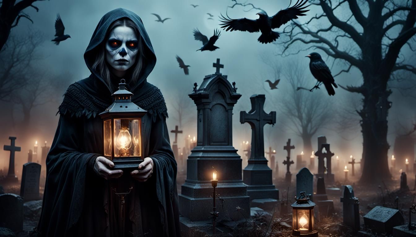 Death with Lantern in Cemetery at Night