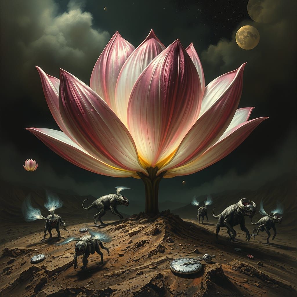 Chrome Lotus Flowers Bloom in Surreal Dark Fantasy